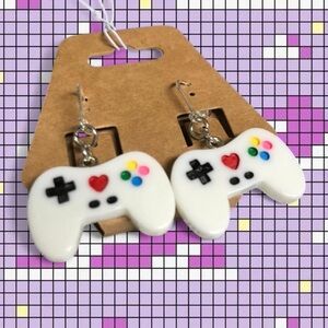 White Video Game Controller Charm Dangly Silver Earrings